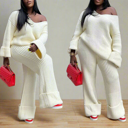 Crochet Knitted  2 Piece Sweater Pant Set