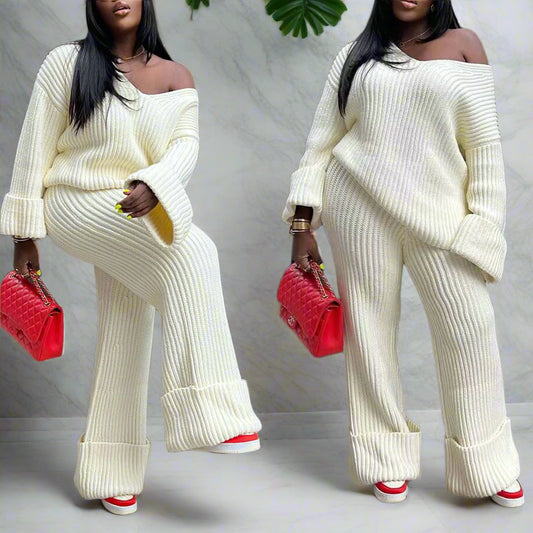 Crochet Knitted  2 Piece Sweater Pant Set