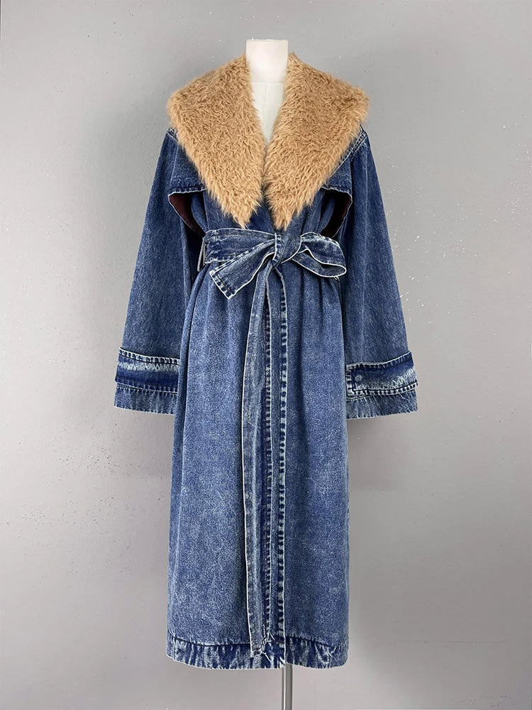 B Luxe Denim Fur Collard Overcoat