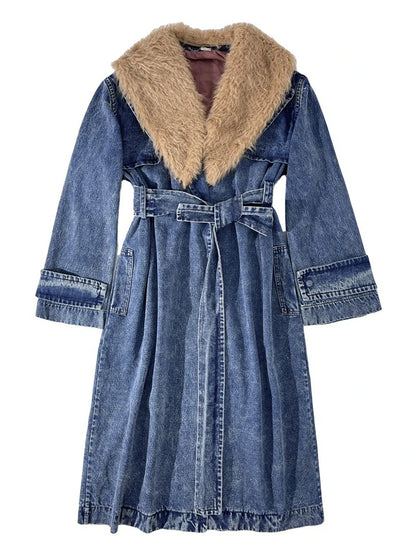 B Luxe Denim Fur Collard Overcoat