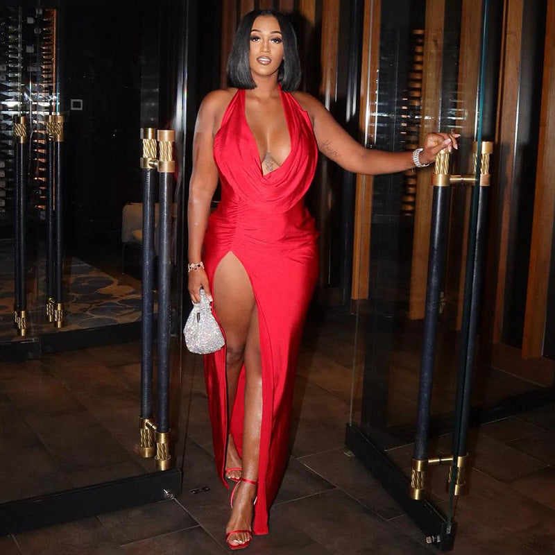Sexy Deep V Plunge Halter Backless Dress