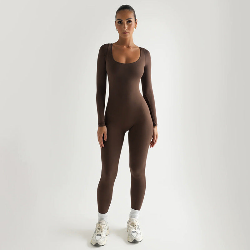 Soft High Elastic Long Sleeve U Collar Jumpsuit