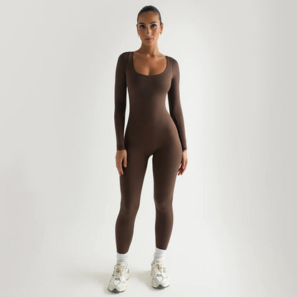 Soft High Elastic Long Sleeve U Collar Jumpsuit